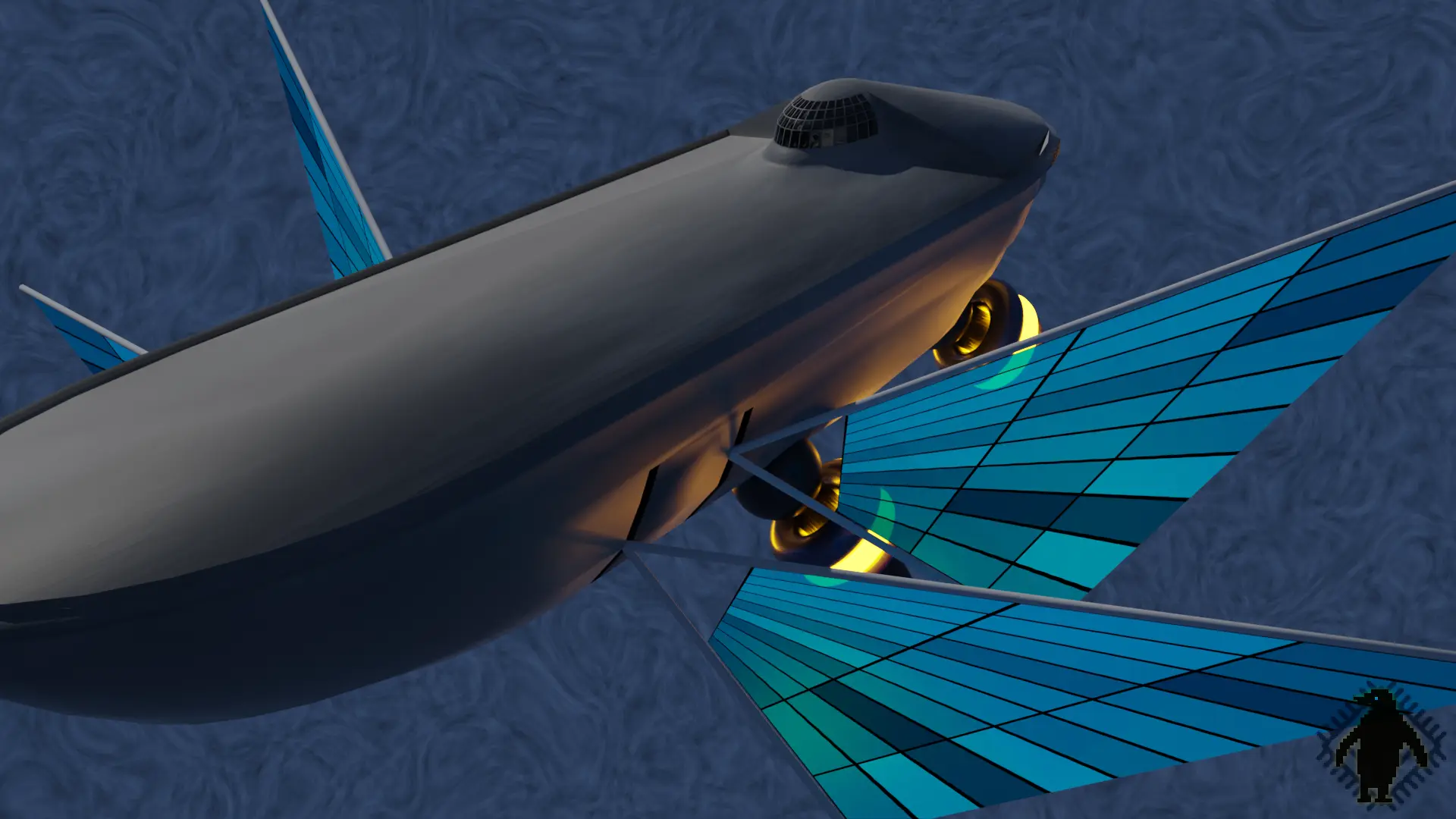 A 3D rendering of a sci-fi airship.
