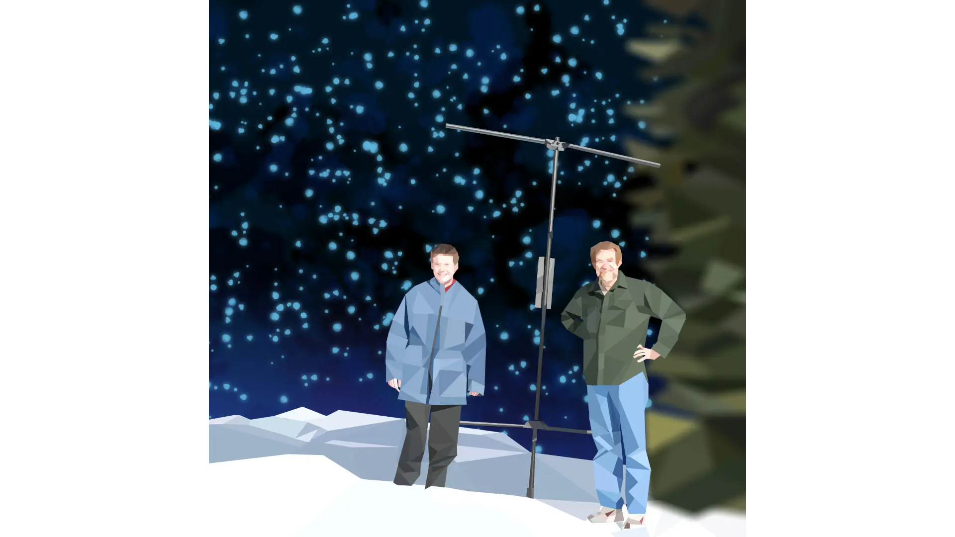 Digital art of a father and son, standing next to a radio antenna.
