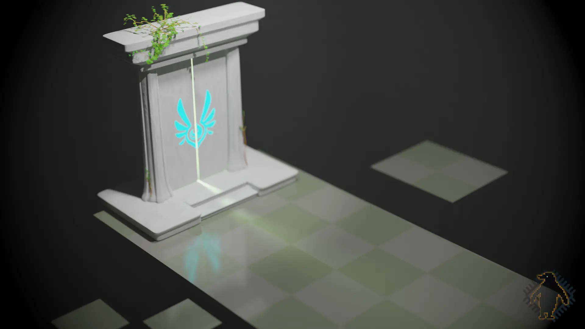 A 3D rendering of a magical door floating in a void.