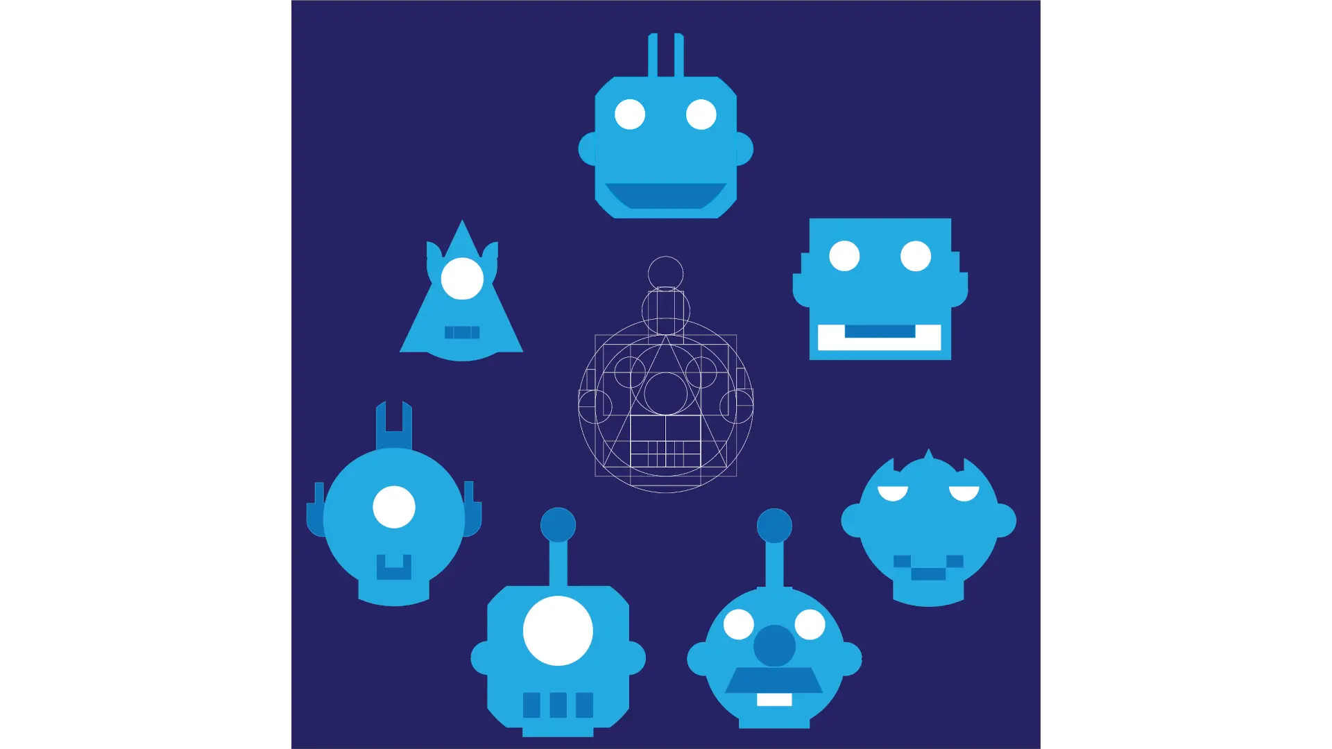 A collection of robot faces, made with vector art.